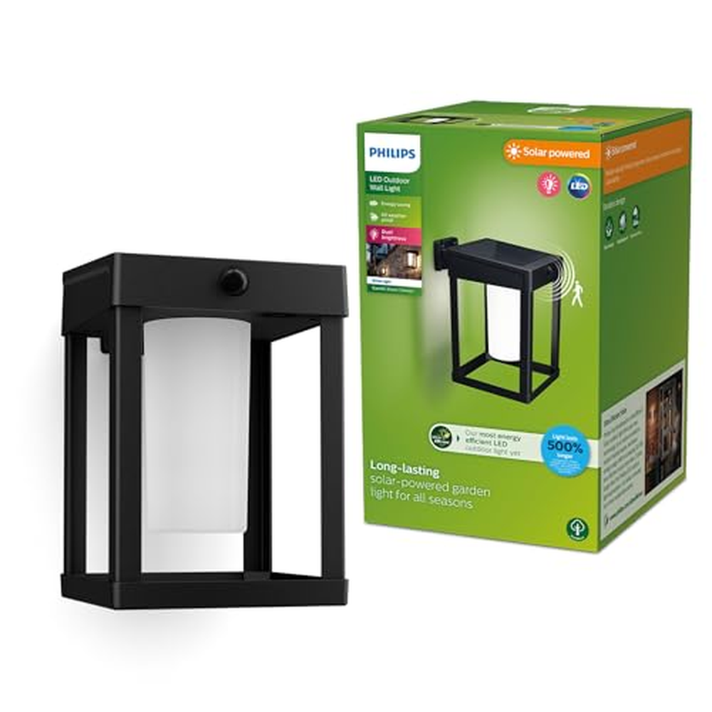 PHILIPS Outdoor Ultra-Efficient Solar Camill Wandleuchte 1,4W, Dual-Bright Sensor, eckig, matt, 3000 Kelvin, IP44 wetterfest, sc